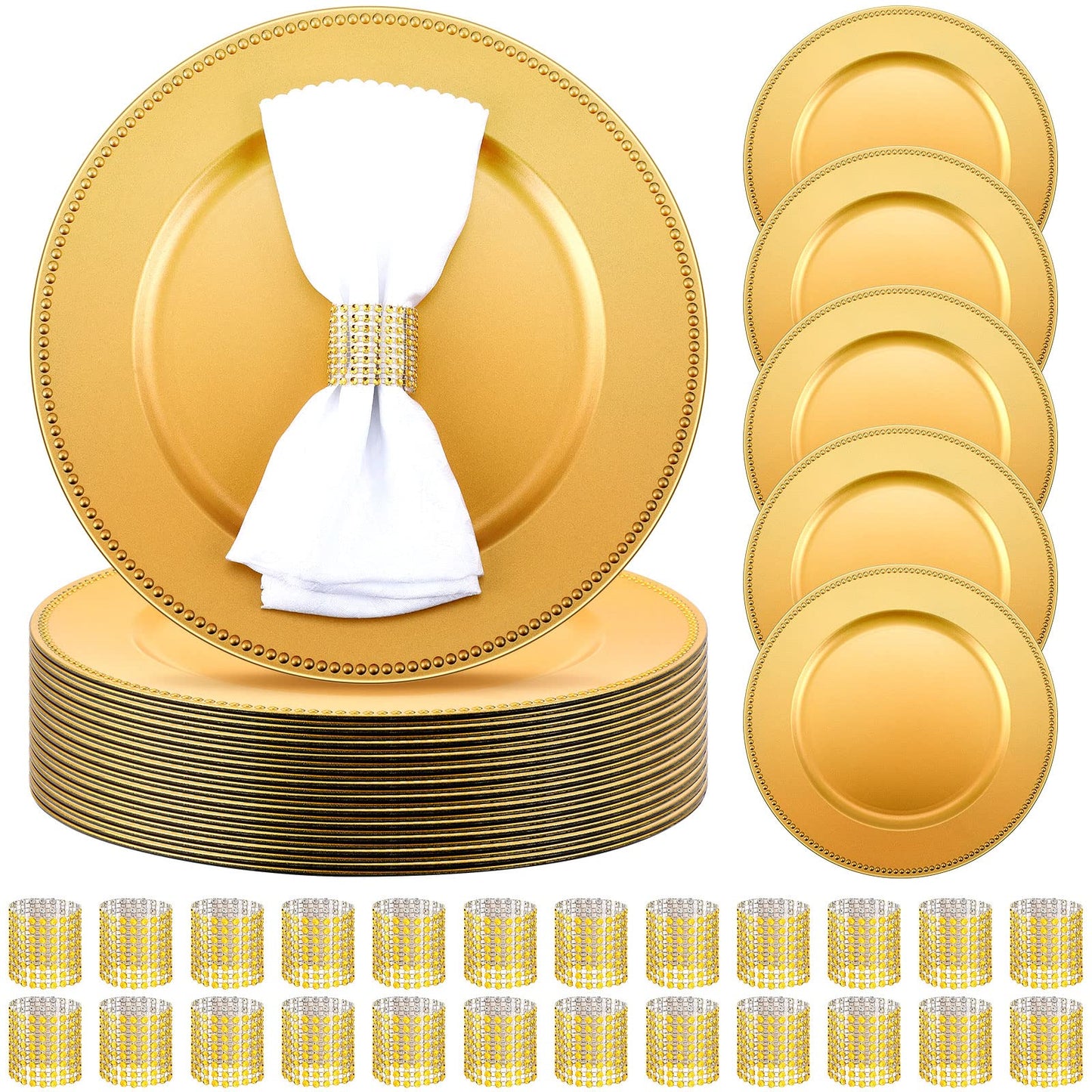 48 Pcs Charger Plates Set Bulk 24 Plastic Plate Chargers and 24 Napkin Rings 13 Inch Round Dinner Chargers for Table Setting Wedding Party Baby Shower Event Decoration (Gold)