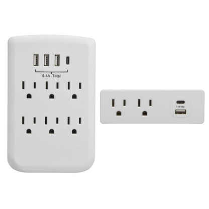 Clear Power Combo: 2-Outlet Travel tap w/USB-A & USB-C Chargers & 6-Outlet Wall-tap w/3-port USB-A & 1-Port USB-C Chargers CP30008