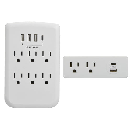 Clear Power Combo: 2-Outlet Travel tap w/USB-A & USB-C Chargers & 6-Outlet Wall-tap w/3-port USB-A & 1-Port USB-C Chargers CP30008