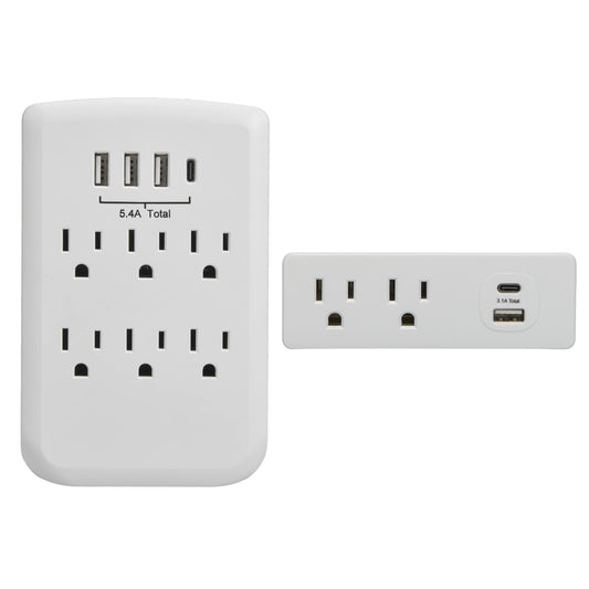 Clear Power Combo: 2-Outlet Travel tap w/USB-A & USB-C Chargers & 6-Outlet Wall-tap w/3-port USB-A & 1-Port USB-C Chargers CP30008