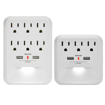 Clear Power Combo: 2-Outlet Travel tap w/USB-A & USB-C Chargers & 6-Outlet Wall-tap w/3-port USB-A & 1-Port USB-C Chargers CP30008