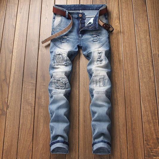 Men's Stretch Light Blue Denim Patchwork Jeans