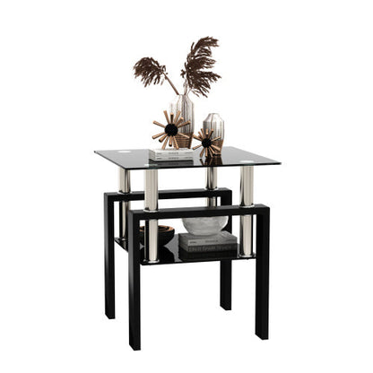 1-Piece Modern Tempered Glass Tea Table Coffee Table End Table, Square Table For Living Room, Black