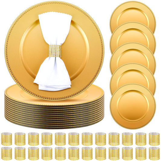 48 Pcs Charger Plates Set Bulk 24 Plastic Plate Chargers and 24 Napkin Rings 13 Inch Round Dinner Chargers for Table Setting Wedding Party Baby Shower Event Decoration (Gold)
