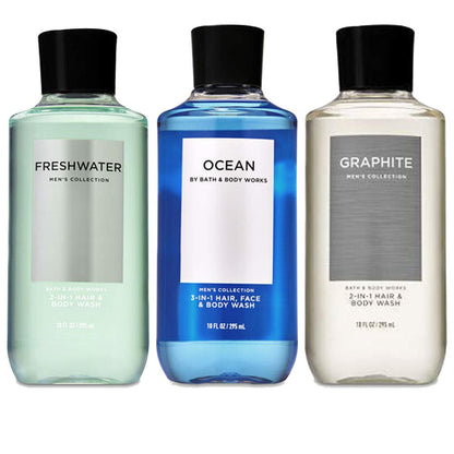 Bath and Body Works 3 Pack 2-in-1 Hair + Body Wash Freshwater Graphite and Ocean. 10 Oz.